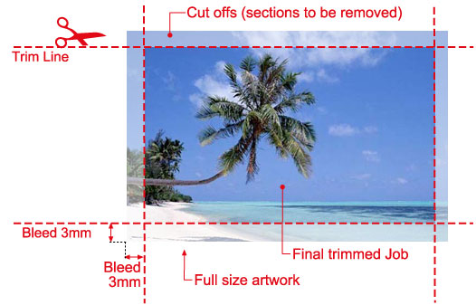 Diagram showing trim line, 3mm bleed on each edge, cut-off sections to be removed, and the final trimmed job